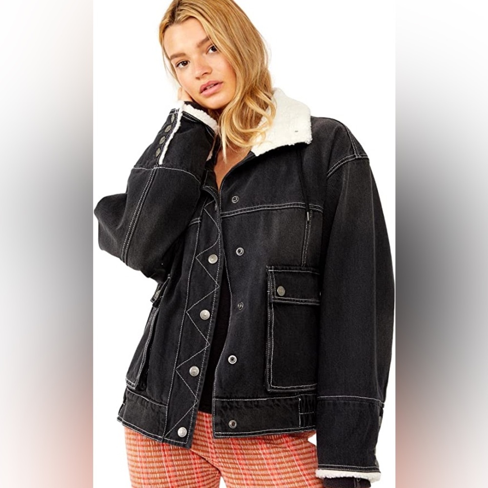 We The Free Ariel Cozy Denim Bomber, Washed Black